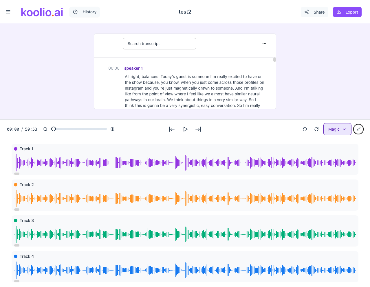 Four tracks, four colours. A speaker keeps the same colour in the transcript and on the