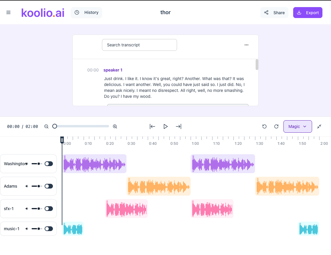 The editor in its first weeks. Transcript on the left, four labelled tracks under the ruler, playhead